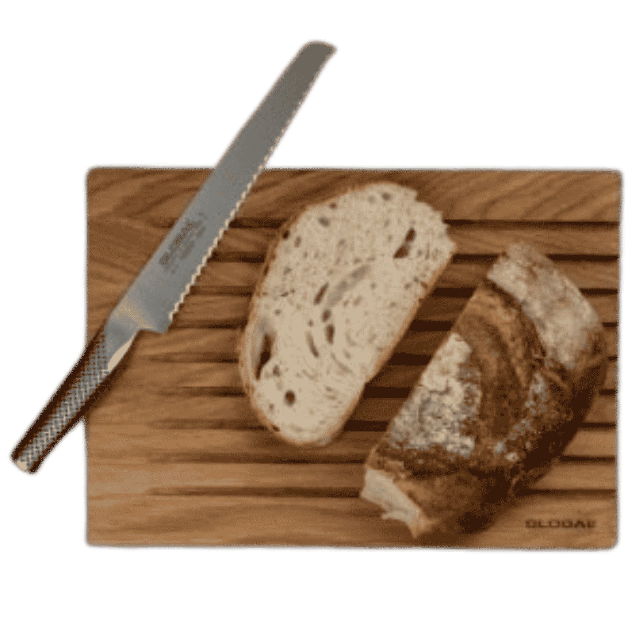 Leivän leikkaaminen Global-leipäveitsellä Global tammileikkuulaudalla (35cm)