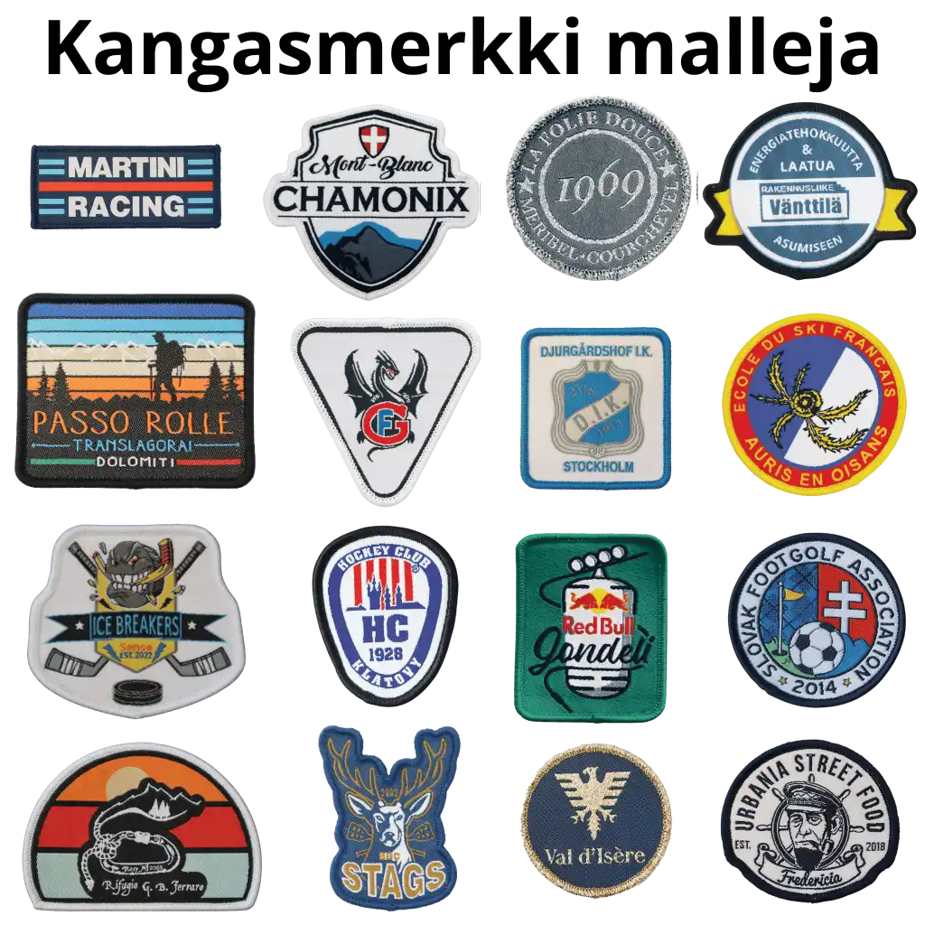 Esimerkkejä kudotuista kangasmerkeistä omalla logolla kustomoituihin fanipipoihin