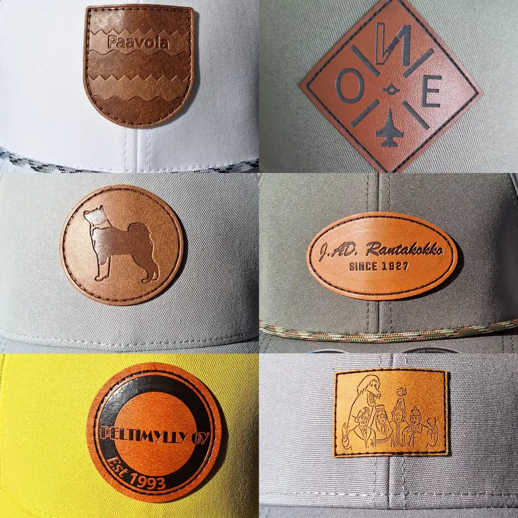 Nahkamerkki malleja lippis omalla logolla. Avuksi oman logon suunnitteluun.