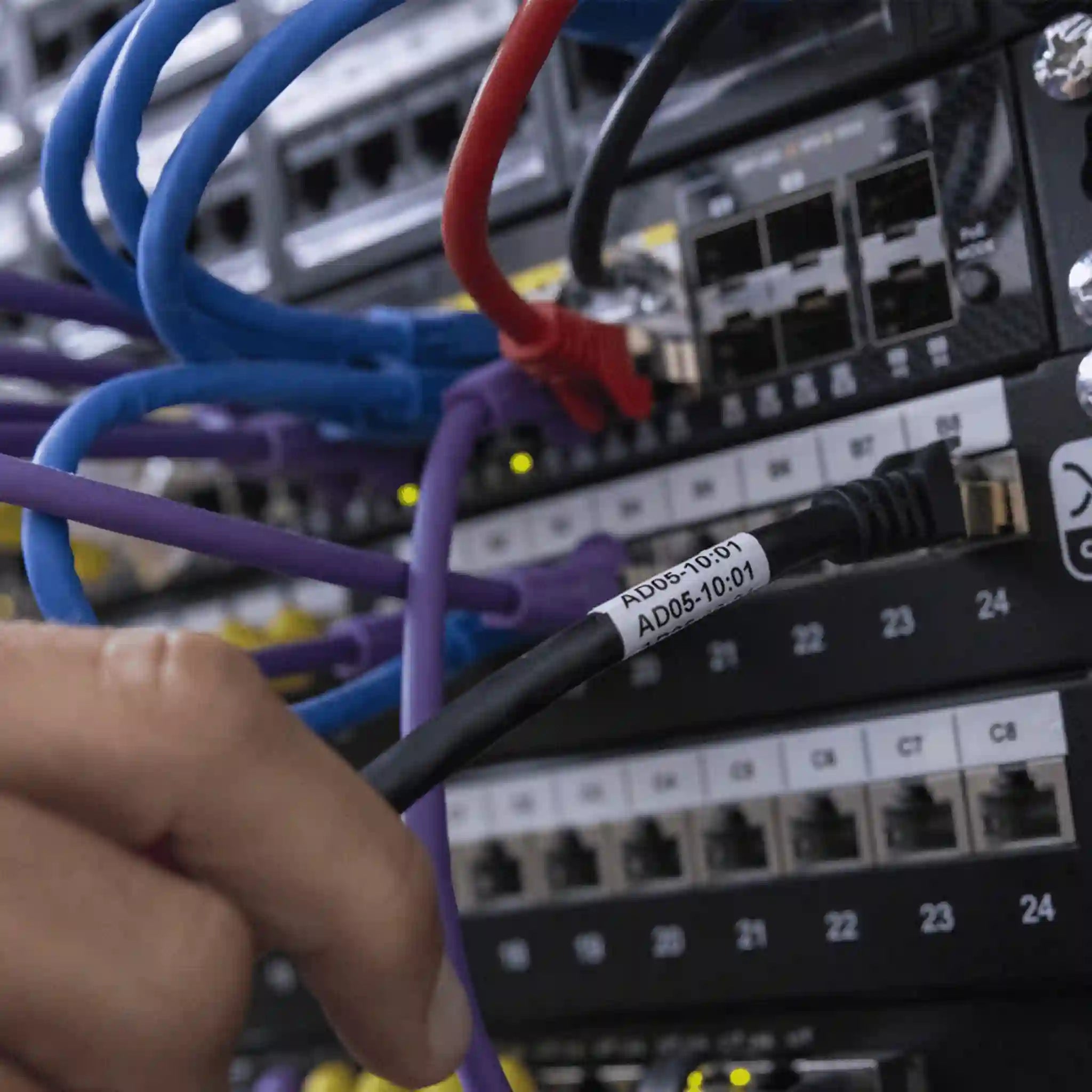 Tietoliikennekaapeleiden merkintä jakorasiassa – PT-E920BT CUBE Pro -tulostetut kaapelitunnisteet