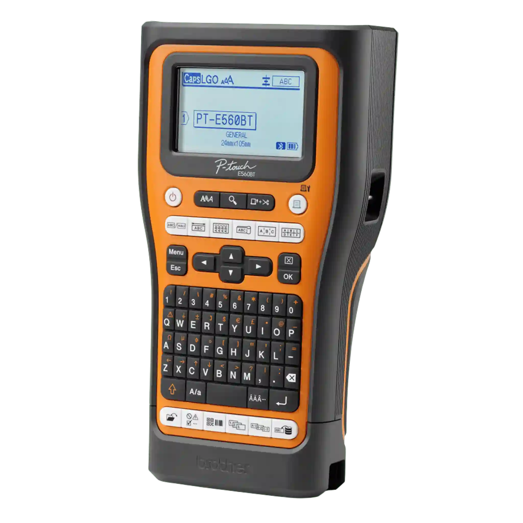 Brother PT-E560BTVP Pro-tarratulostin viistosta oikealta – kannettava Pro-tarratulostin laukulla