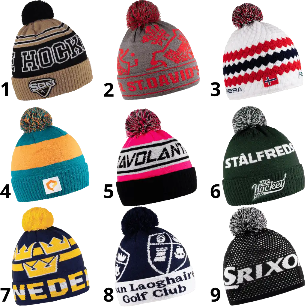 Esimerkkejä eri pipomalleista, kuten kääntöreunallinen ja suora malli, kustomoitujen fanipipojen suunnittelua varten