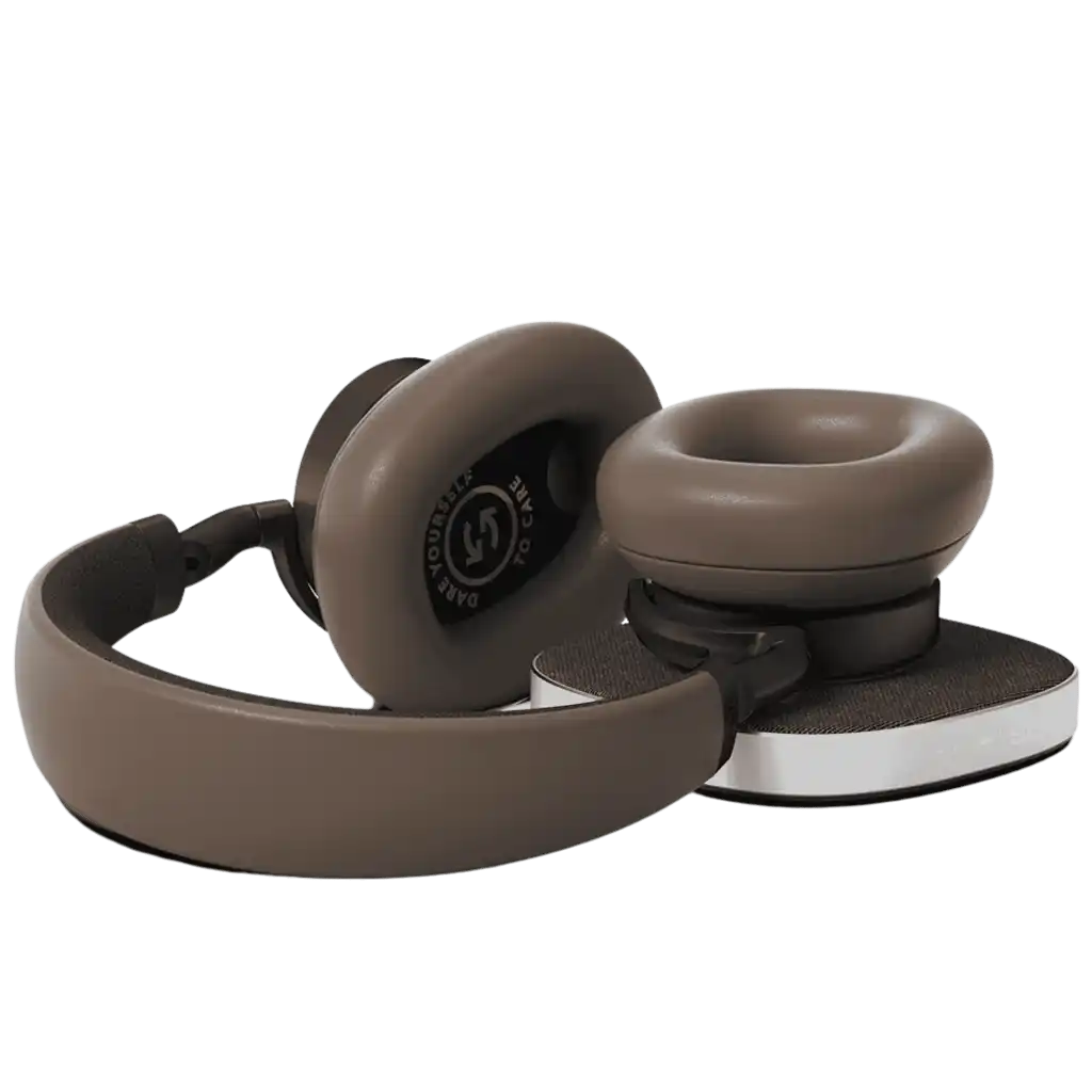 Ruskeat SACKit Touch 400 -kuulokkeet langattomassa latauksessa SACKit-laturilla