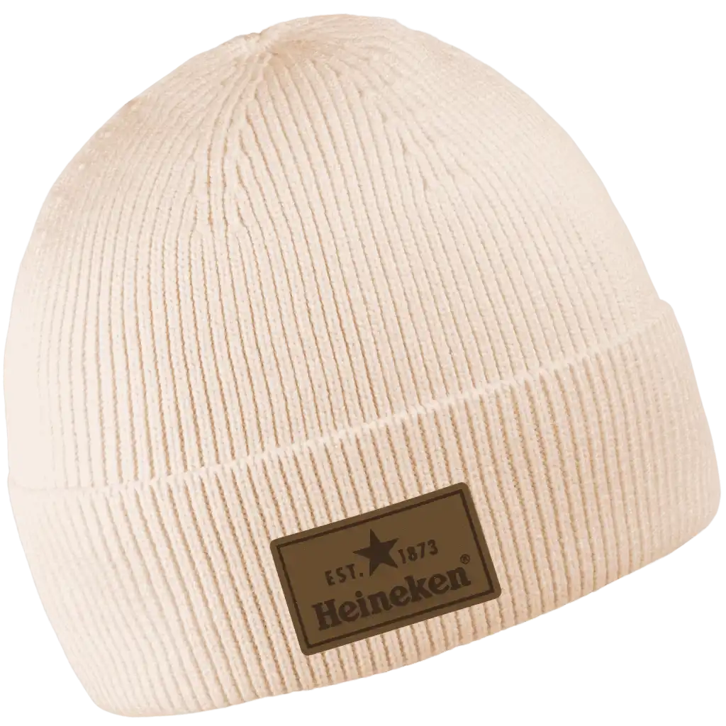 Premium viskoosi pipo omalla logolla - Luonnon valkoinen oma logo tehty nahkamerkillä