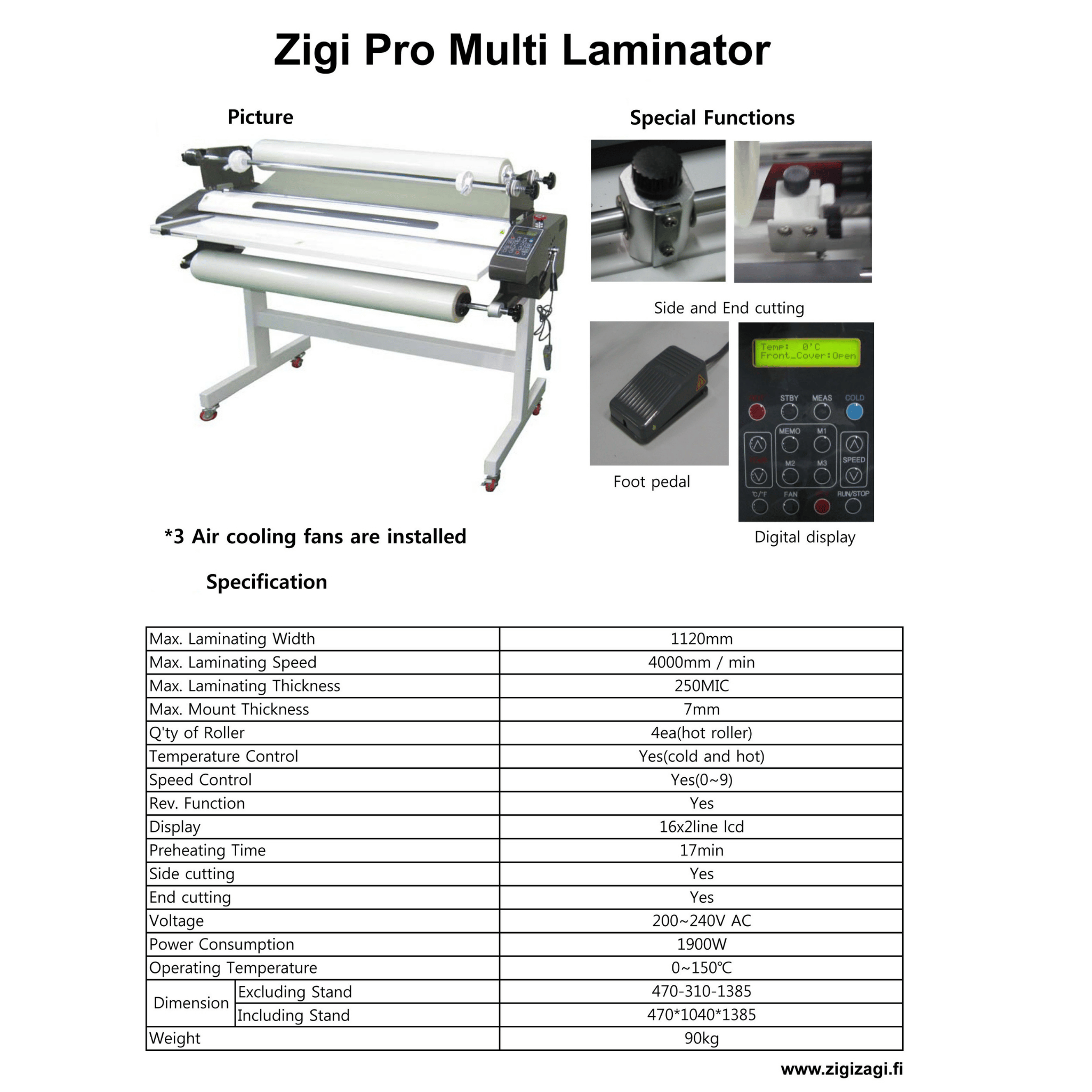 Zigi Pro Multi Laminator 1120 tekniset tiedot, kuten 1120 mm laminointileveys, 4000 mm minuutissa nopeus ja 250 MIC laminointipaksuus