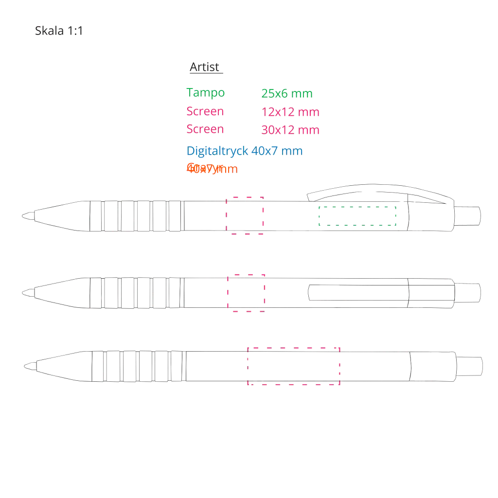 Artist-metallikynä – painatus- ja laserkaiverrusalue logolle