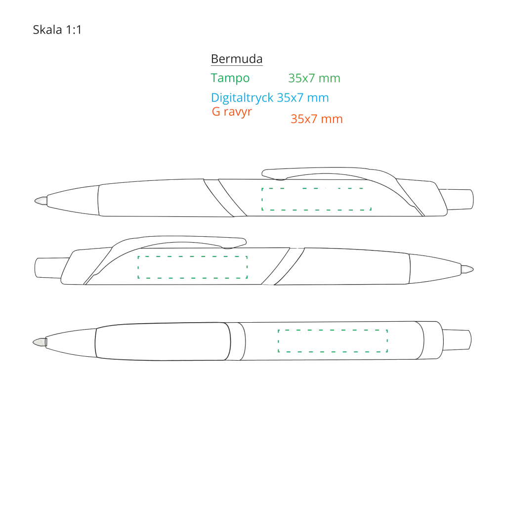 Bermuda metallikynä – logon painatus-, laserkaiverrus- ja digitaalipainatusalue