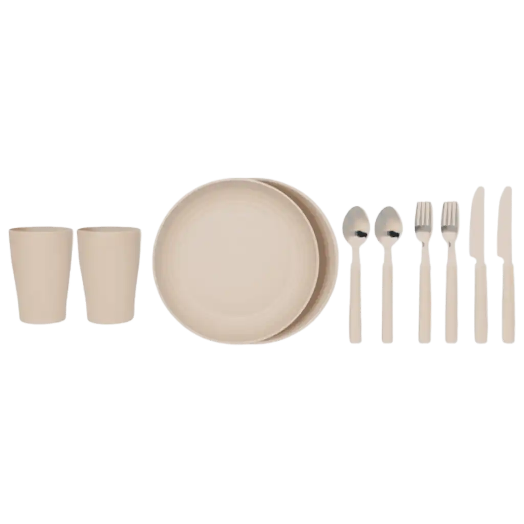 MONTECOOL-kylmälaukun kahden hengen ruokailuvälineet: lautaset, kupit, aterimet ja teräsveitset