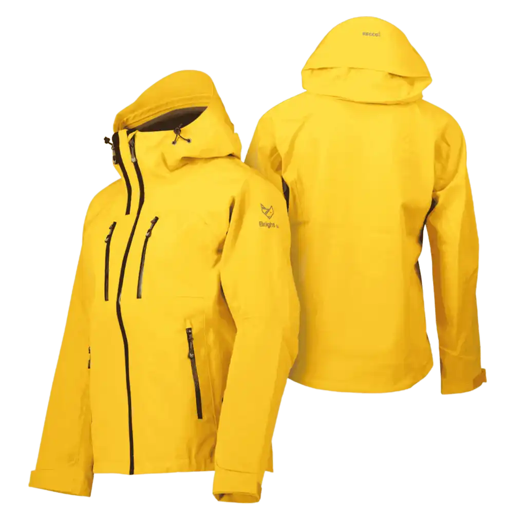 Keltainen Bright Equipment Enigma naisten kuoritakki edestä ja takaa, huppu ylhäällä – vedenpitävä ja hengittävä henkilökunnan joululahja