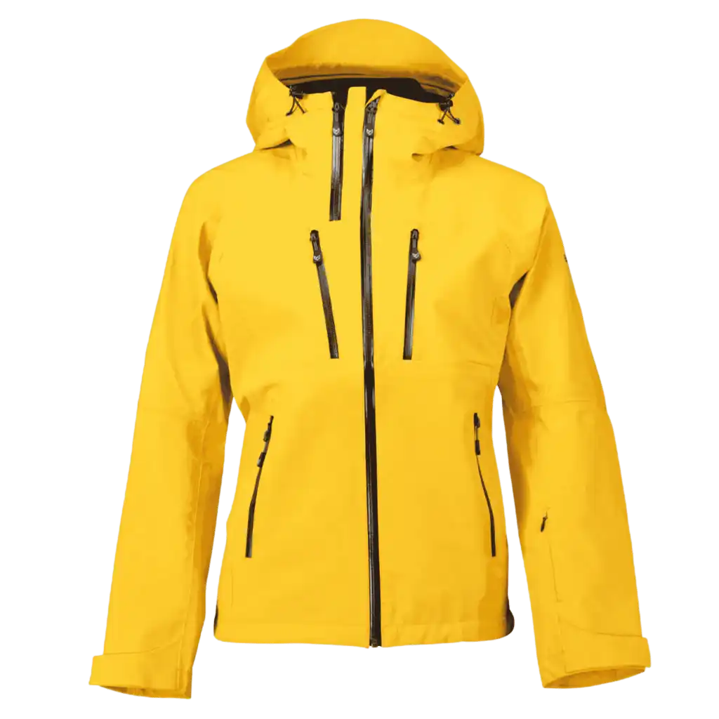 Keltainen Bright Equipment Enigma naisten kuoritakki suoraan edestä kuvattuna, huppu ylhäällä