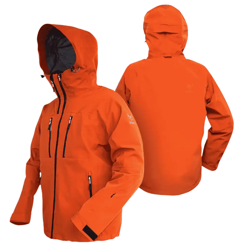 Tiilenpunainen Bright Equipment Enigma miesten kuoritakki (20k/20k) edestä ja takaa, huppu ylhäällä