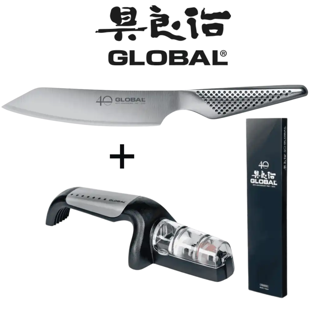 Global 40v juhlasetti sisältäen GS-110 veitsen, G-91/SB teroittimen ja lahjapakkauksen