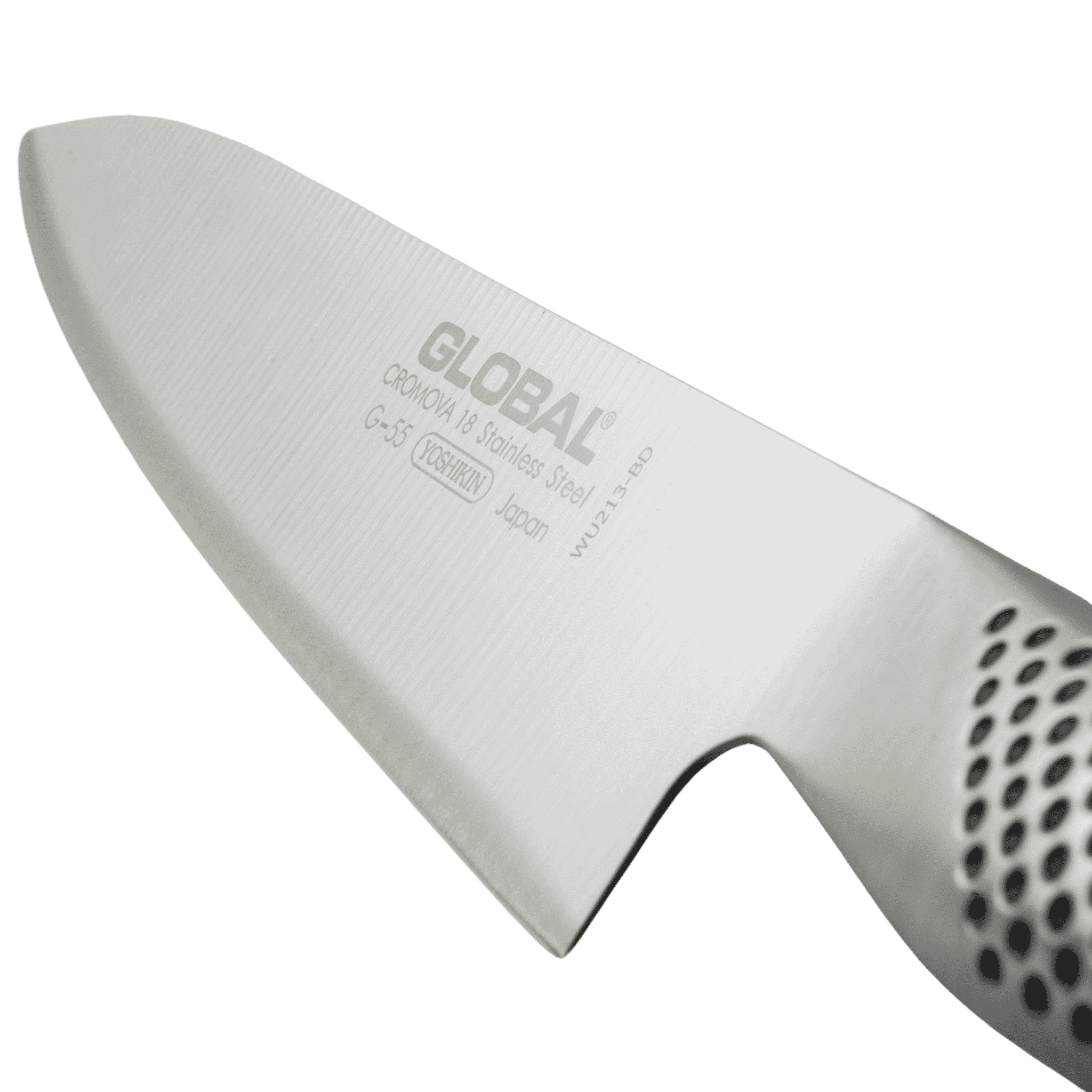 Global G-55 kokkiveitsen terävä Cromova 18 -terä lähikuvassa