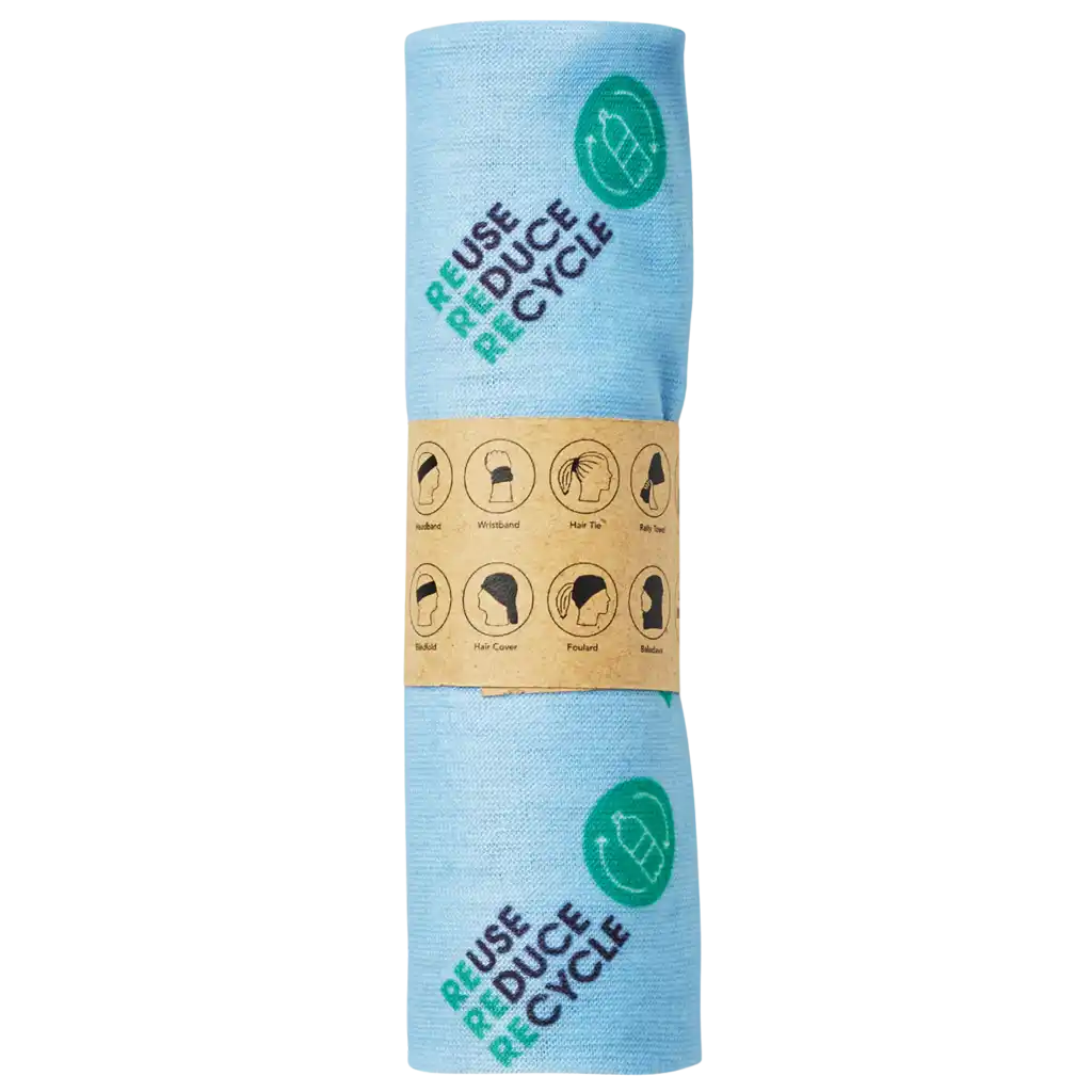 RPET-tuubihuivi pakattuna paperikääreeseen omalla logopainatuksella.