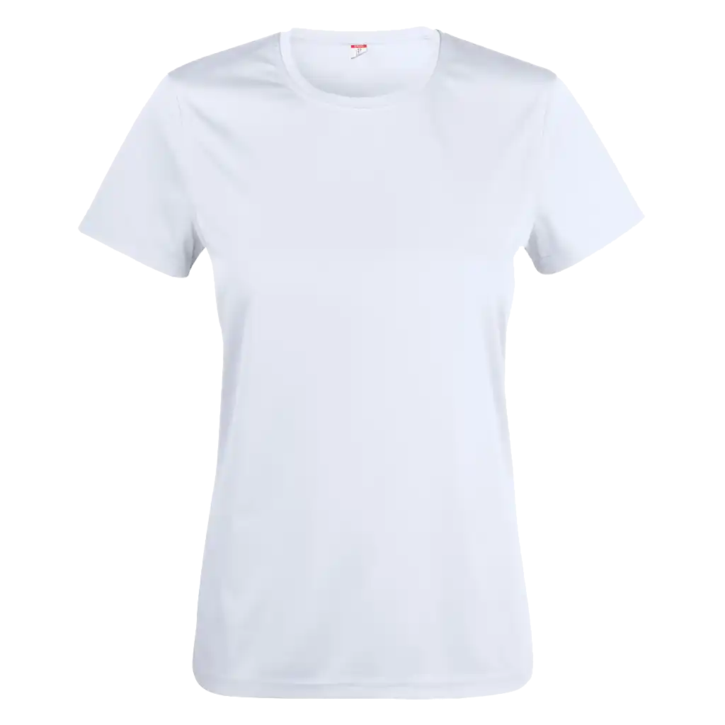Valkoinen Clique Basic Active-T Women 029039 – naisten tekninen t-paita omalla logolla painettuna 100 % polyesteri