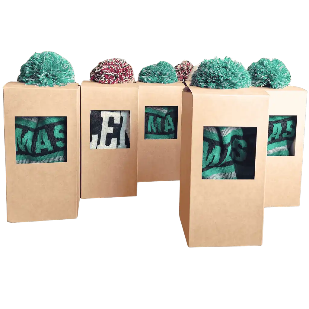 Rivi ekologisia lahjarasioita, joissa on brändättyjä pipoja sisällä, kuvattuna edestä