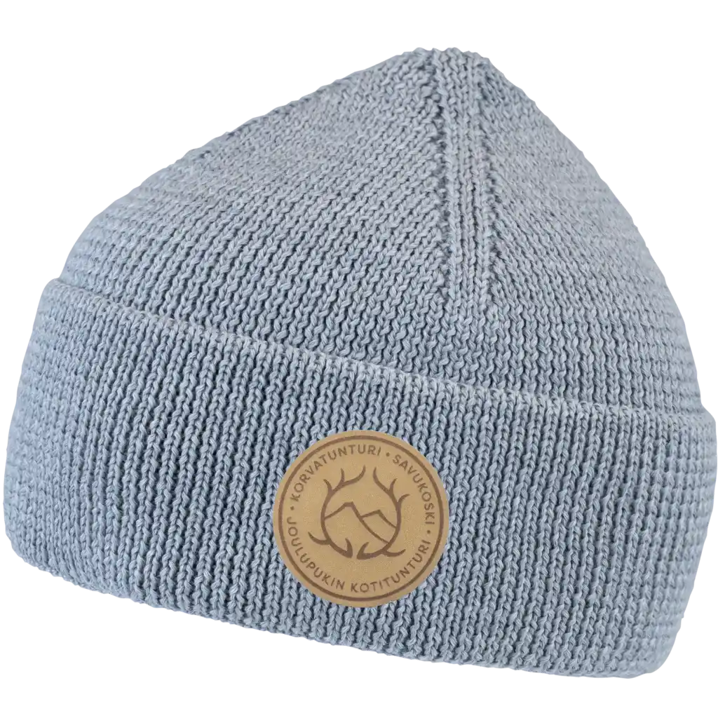 Saana 100% Merinovillapipo omalla logolla - Harmaa oma logo toteutettu nahkamerkillä.