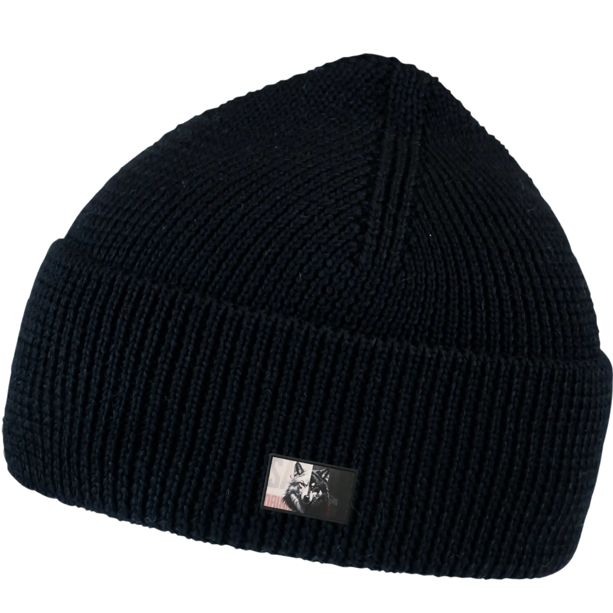 Saana musta paksu 100% Merinovillapipo omalla logolla - Oma logo toteutettu kangasmerkillä.