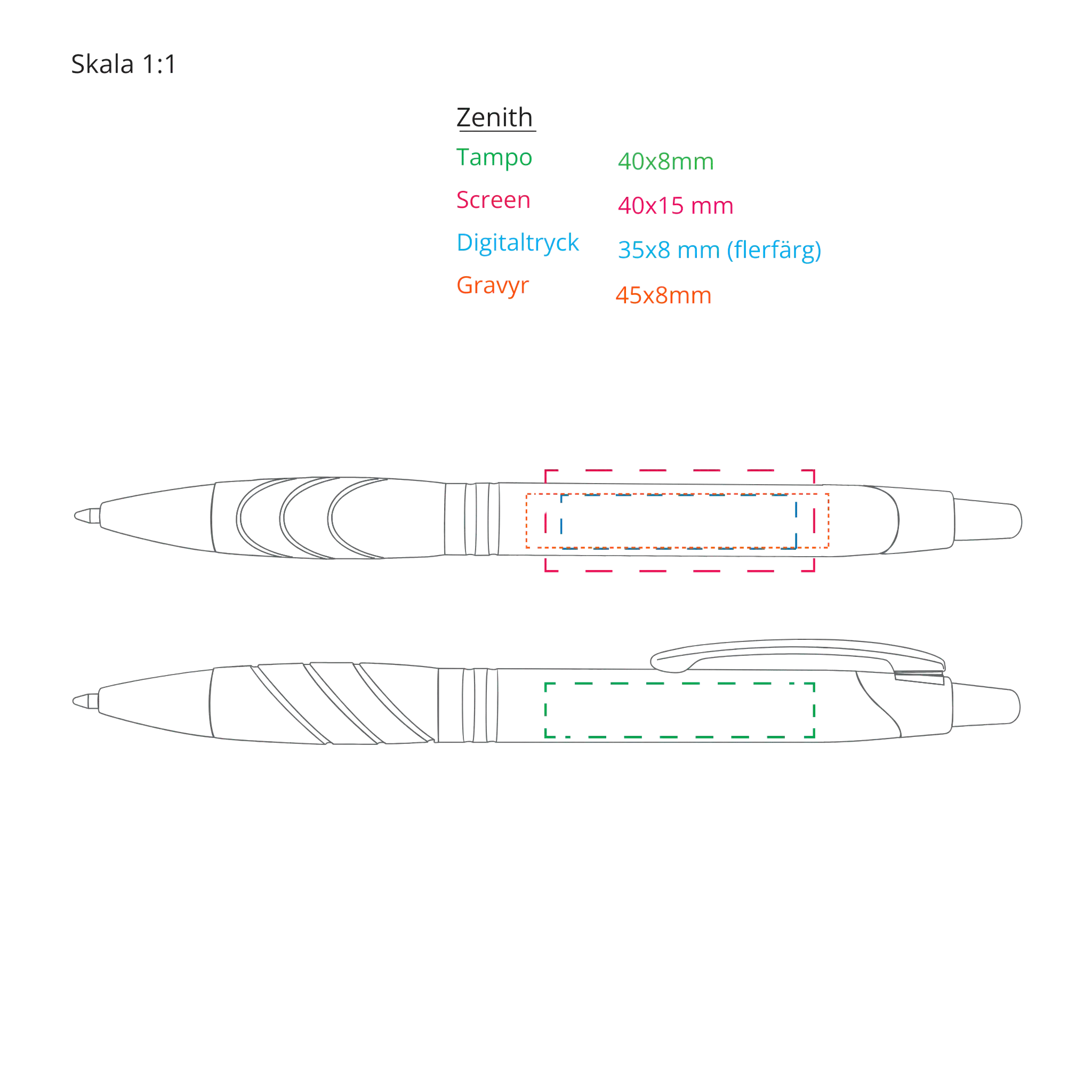 Zenith-metallikynä – painatus- ja laserkaiverrusalue logolle