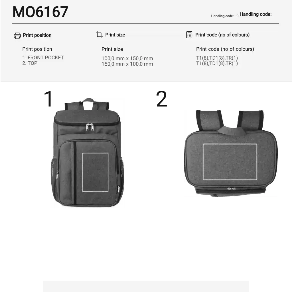 MONTECOOL-kylmälaukun painoalueet logolle: yläosa ja etupuoli mittoineen