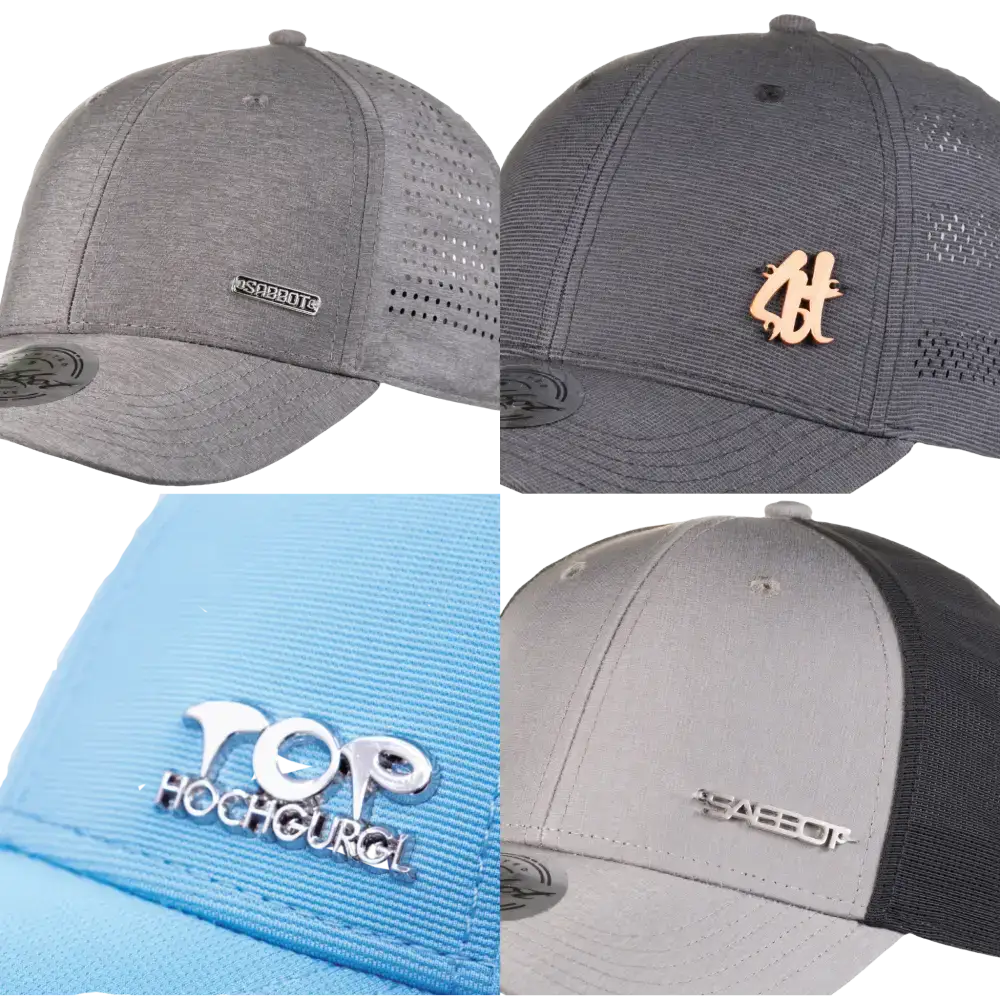 Kuvassa 4 eri lippistä missä logo tehty metallimerkillä. Avuksi suunnittelemaan oma lippis