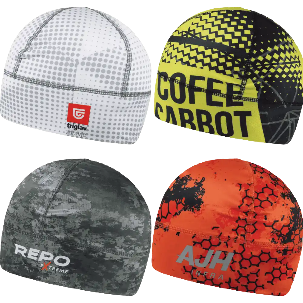 Esimerkkejä kustomoiduista teknisistä pipoista eri käyttökohteisiin: oranssi ja   vihreä metsästyspipo. Yläosassa urheiluseuran pipoja