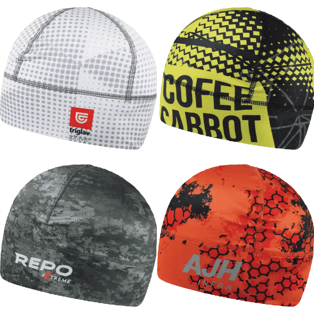 Esimerkkejä kustomoiduista teknisistä pipoista eri käyttökohteisiin: oranssi ja   vihreä metsästyspipo. Yläosassa urheiluseuran pipoja